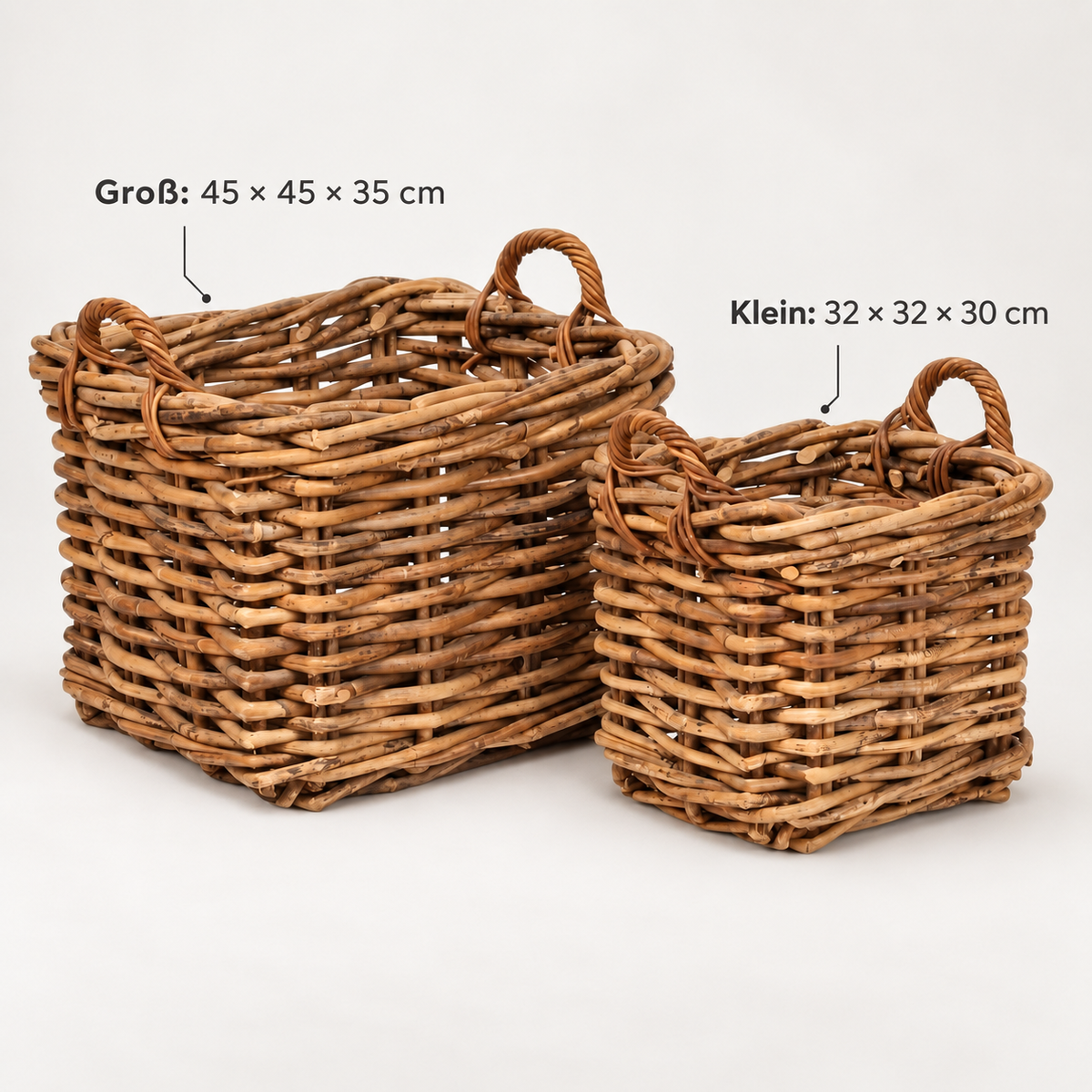 Großer Rattankorb mit Henkeln, natur, 32 x 32 und 45 x 45 cm