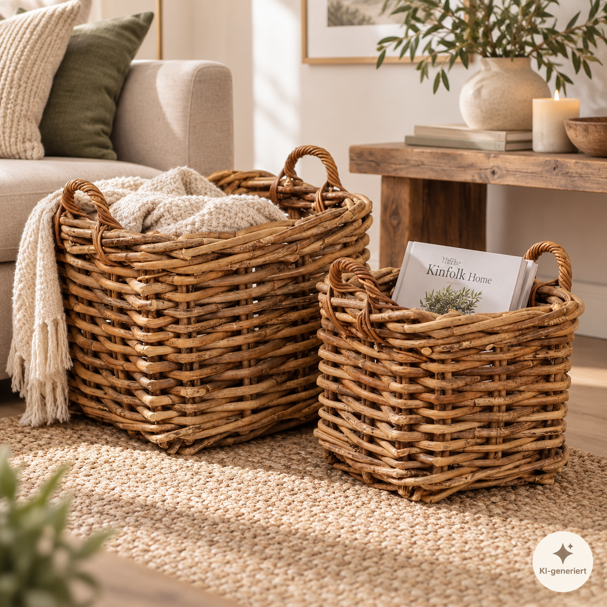 Großer Rattankorb mit Henkeln, natur, 32 x 32 und 45 x 45 cm