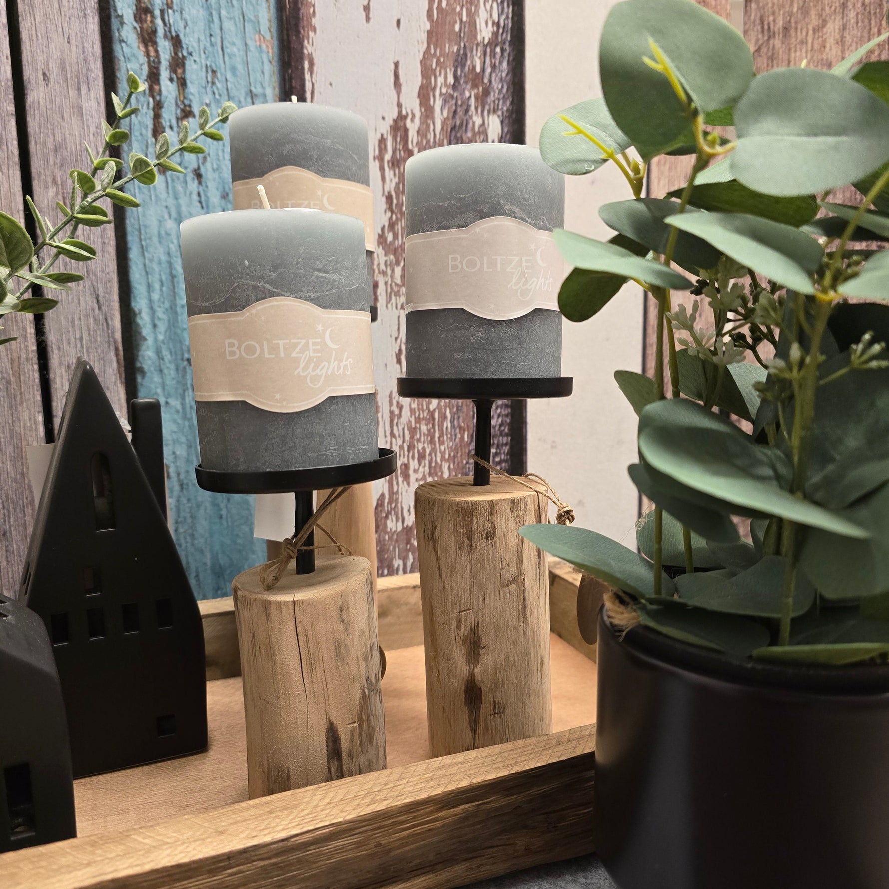 Kerzenhalter-Set aus Holz mit Metallhalter für Stumpenkerzen