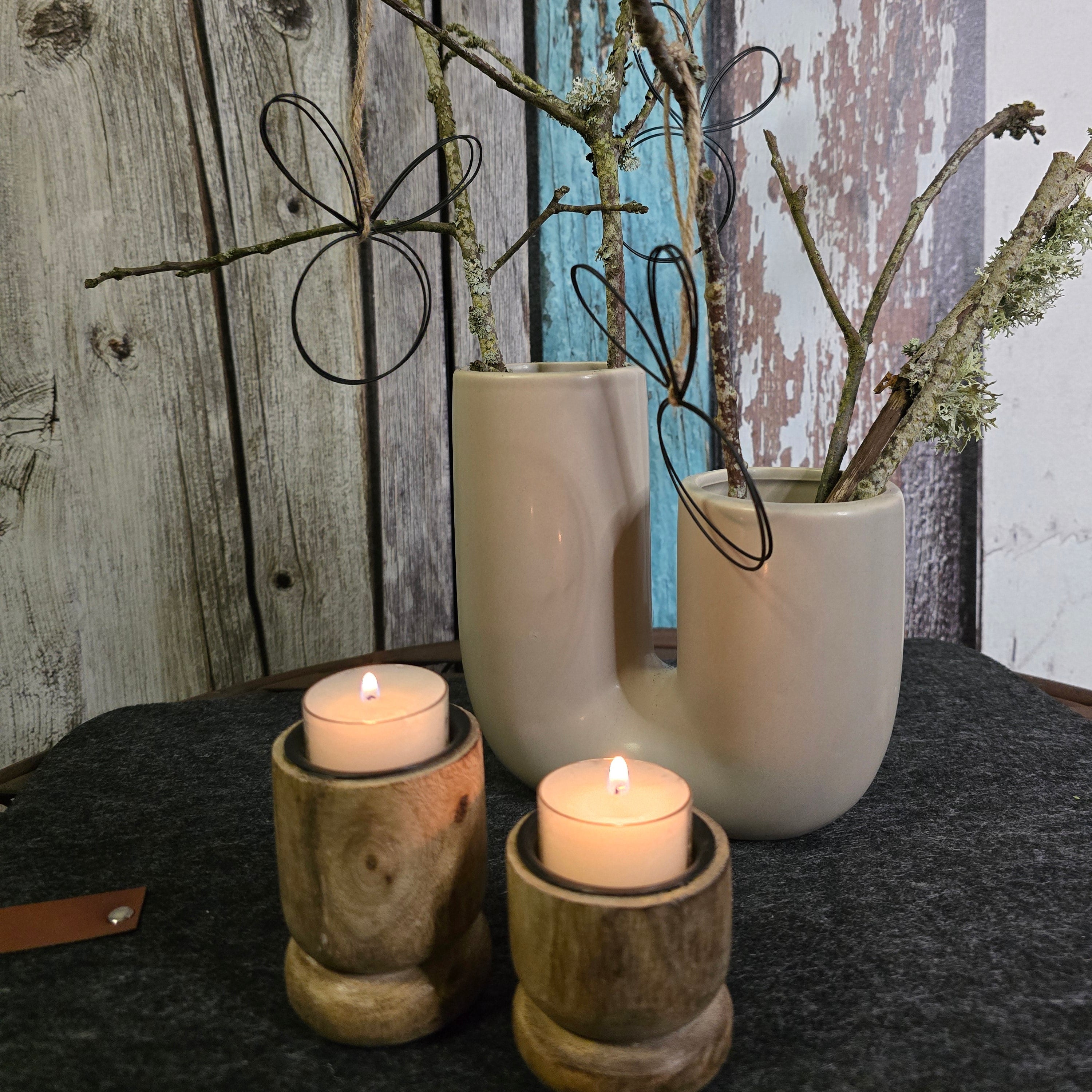Kerzenständer für Teelichter aus Holz mit Vase Filicio aus Keramik in beige
