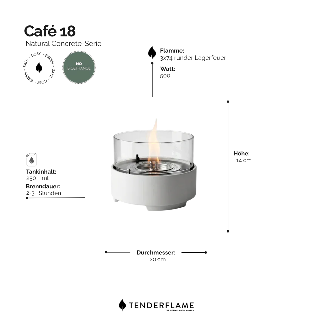 Tischkamin Cafe mit Beton Sockel und lebendiger Flamme