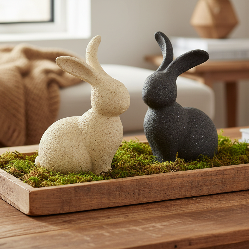 Dekoaufsteller Hase in beige und schwarz auf Keramik auf einem Holztablett