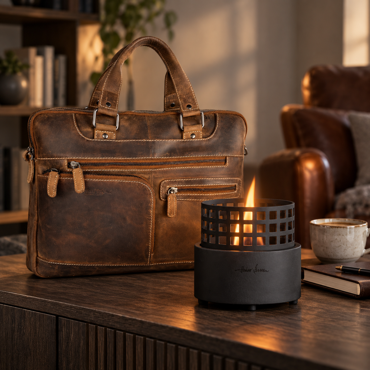 Braune Ledertasche mit Patina neben einem schwarzen Tischkamin mit Gittermuster auf einem dunklen Holz-Sideboard, im warmen Abendlicht