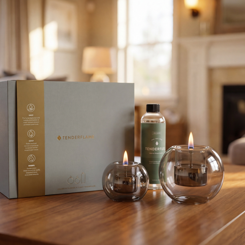 Produktfoto eines Tenderflame Tischfeuers mit zwei runden Glasgefäßen und sichtbarer Flamme auf einem Holztisch, daneben eine Verpackungsbox und eine Brennstoffflasche, im warm beleuchteten Wohnzimmerambiente.